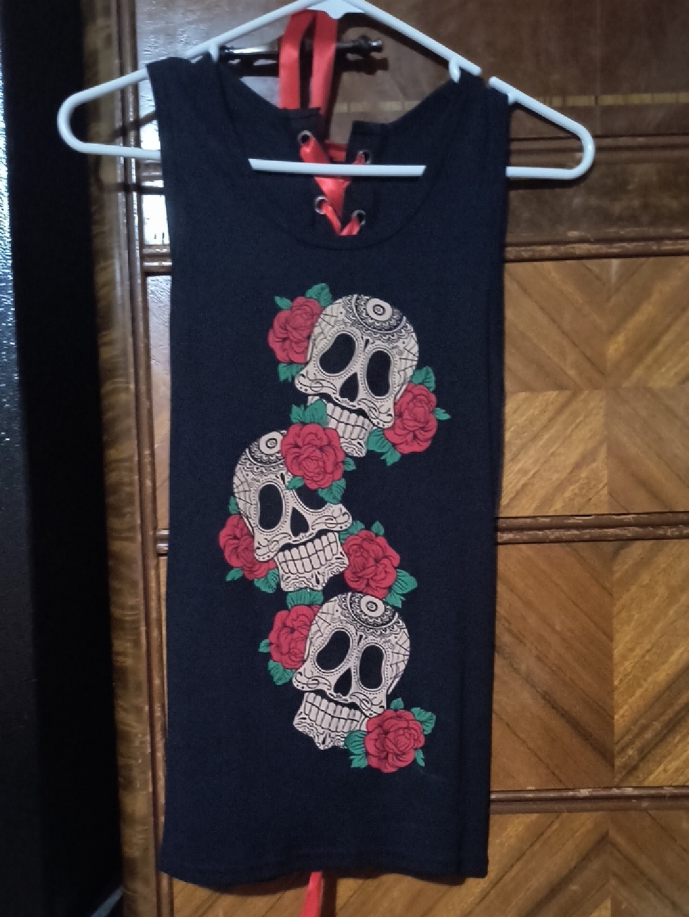 Black Tank Top with Sugar Skull & Red Roses